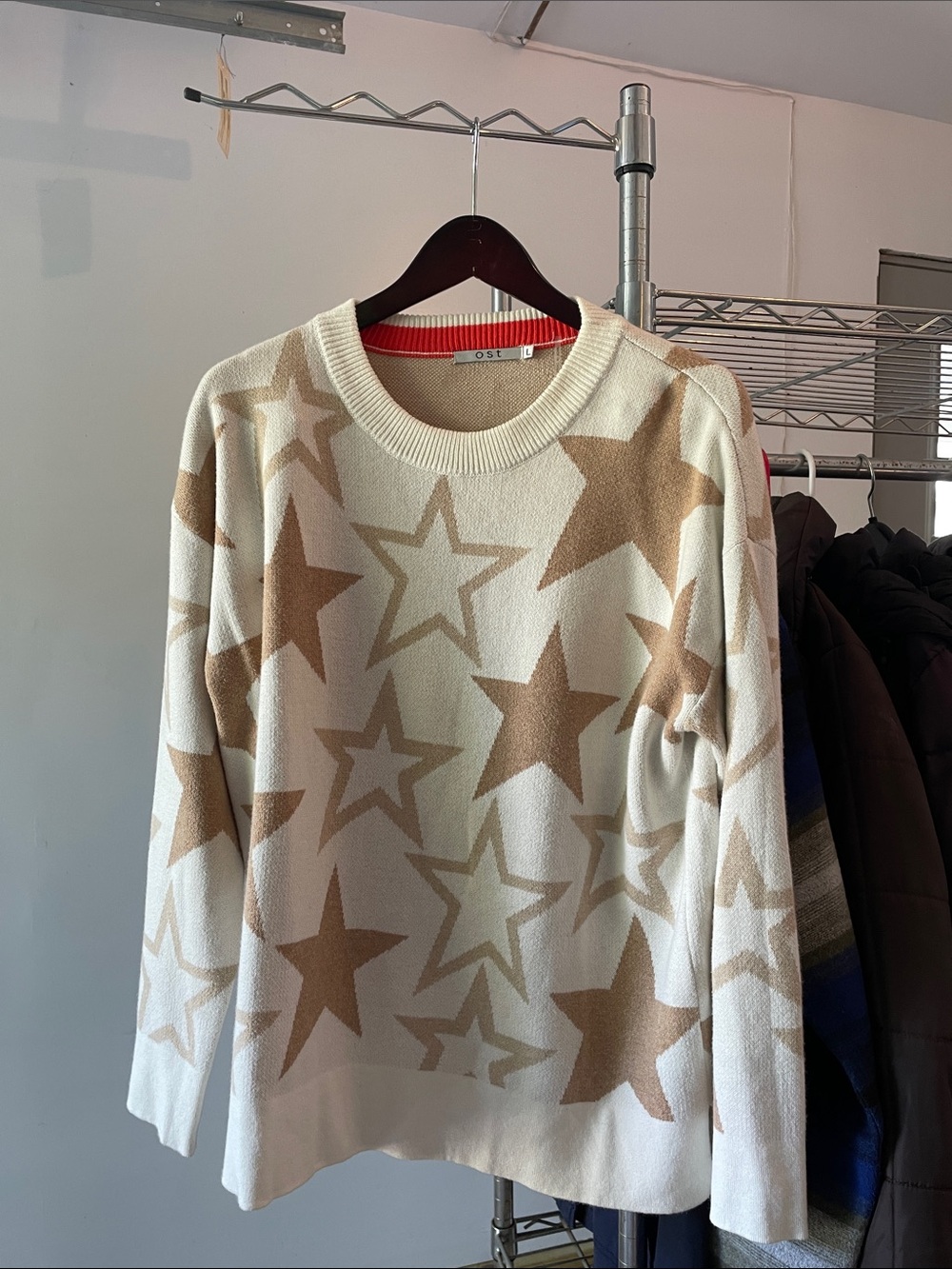 Ost Cream and Tan Star-Pattern Crewneck Sweater